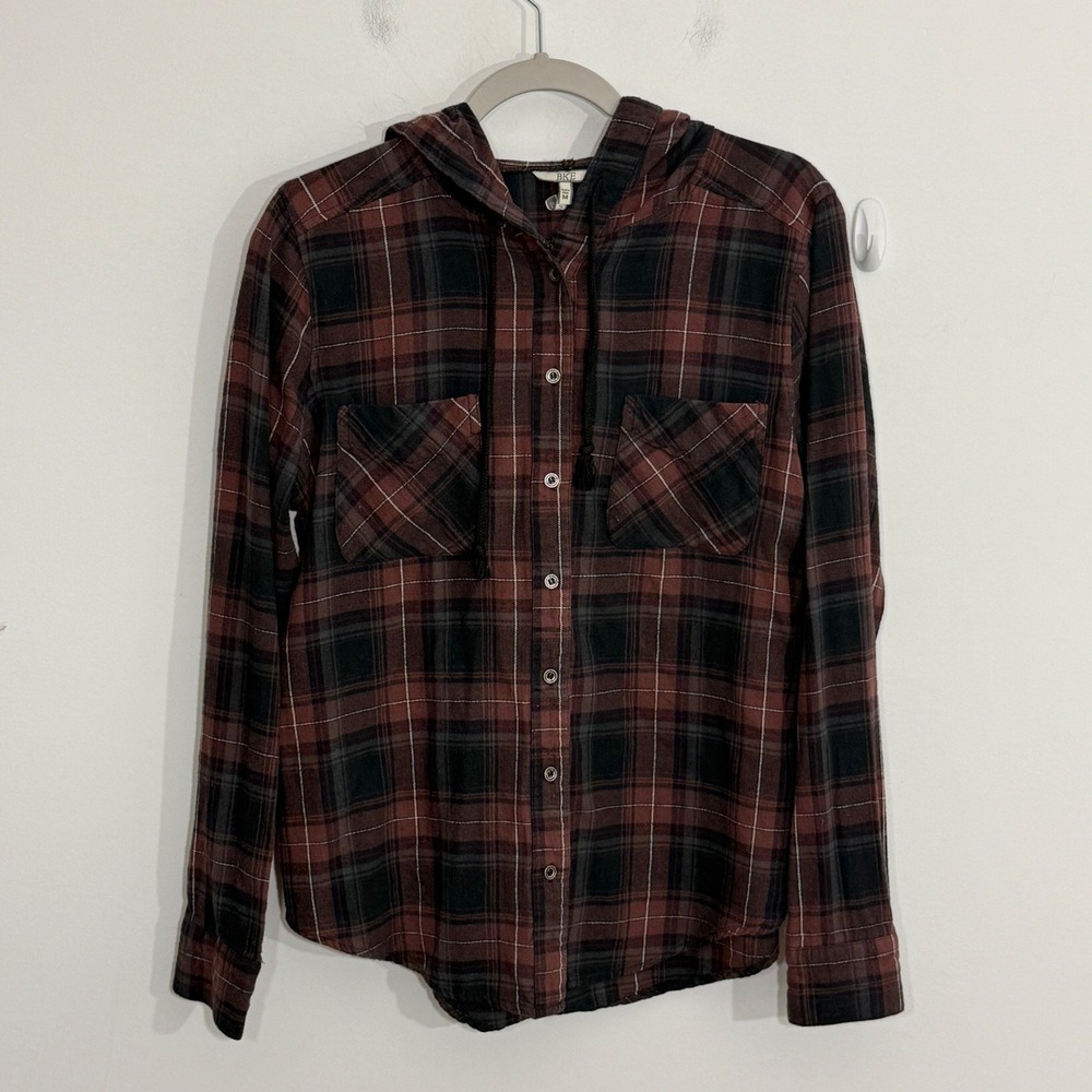 BKE Womens Top M Brown Black Plaid Fitted Hooded Button Front Flannel Grunge